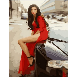 Картина по номерам "В красном платье на черной машине"