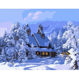 Картина по номерам "Дом в зимнем лесу"