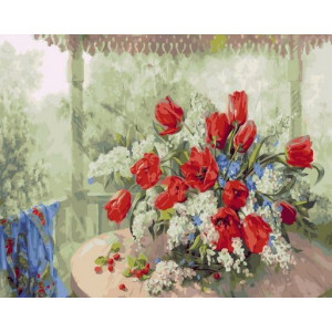 Картина по номерам "Тюльпаны с черемухой"