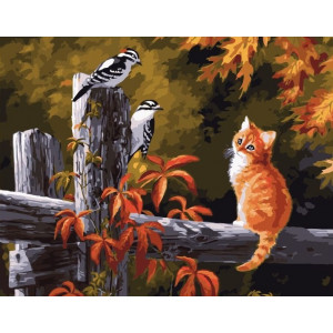 Картина по номерам "Птички и рыжий котик"