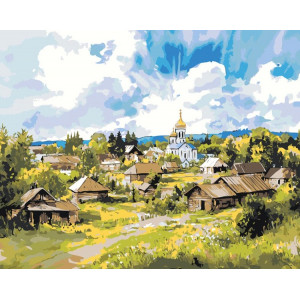 Картина по номерам "Пейзаж: церковь в уютной деревне, весна"
