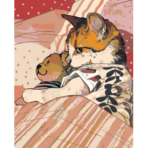 Картина по номерам "Коты и кошки: котик в кроватке с мишкой"