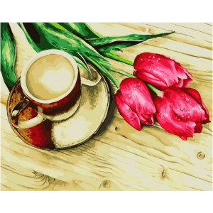 Картина по номерам "Тюльпаны и чашечка кофе"