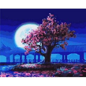 Картина по номерам "Розовое дерево на фоне луны"