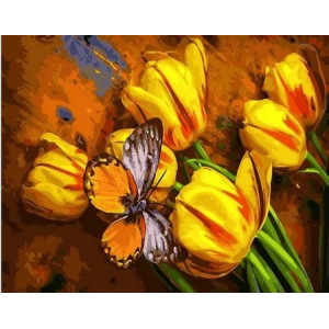 Картина по номерам "Бабочка на желтых тюльпанах"