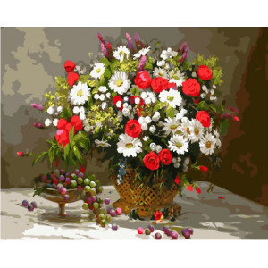 Картина по номерам "Алые розы, ромашки и гроздь винограда"
