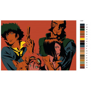 Картина по номерам "Аниме: Ковбой Бибоп (Cowboy Bebop). Спайк Шпигель, Фэй Валентайн, Джет Блэк, Эдвард (Spike Spiegel, Faye Valentine, Jet Black, Edward)"