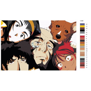 Картина по номерам "Аниме: Ковбой Бибоп (Cowboy Bebop). Спайк Шпигель, Фэй Валентайн, Джет Блэк, Эдвард (Spike Spiegel, Faye Valentine, Jet Black, Edward)"