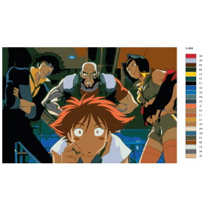 Картина по номерам "Аниме: Ковбой Бибоп (Cowboy Bebop). Спайк Шпигель, Фэй Валентайн, Джет Блэк, Эдвард (Spike Spiegel, Faye Valentine, Jet Black, Edward)"