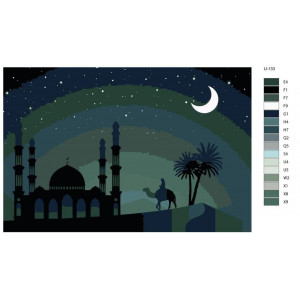 Картина по номерам "Рамадан, мечети, мусульманская община. Человек, едущий на верблюде ночью в пустыне. Мечеть и полумесяц,ночной пейзаж пустыни Аравии"