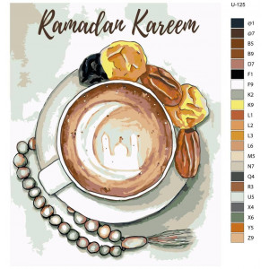 Картина по номерам "Рамадан, мечети, мусульманская община. Мусульманские четки, горячий напиток с мечетью-полумесяцем,сухофрукты"