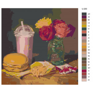 Картина по номерам "Фуд Арт. Вкусный перекус - милкшейк и гамбургер"