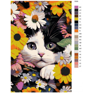 Картина по номерам "Чорно-білий кіт у квітах"