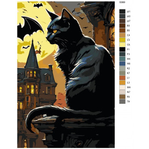 Картина по номерам "Хелловін. Чорний кіт спостерігає за кажанами"