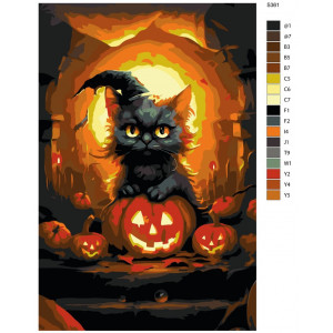 Картина по номерам "Хелловін. Чорний кіт з жовтими очима в капелюсі і гарбузи"
