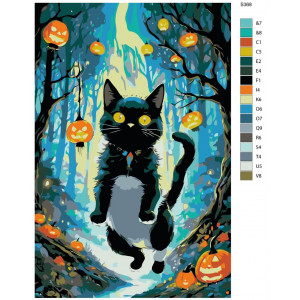 Картина по номерам "Хелловін. Чорний кіт у лісі з гарбузами"