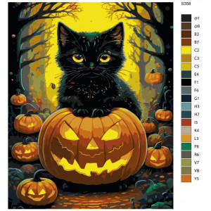 Картина по номерам "Хелловін. Чорне кошеня лежить на гарбузі"