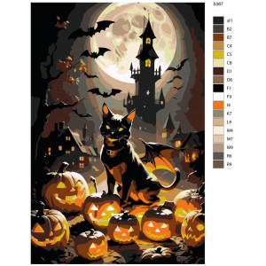 Картина по номерам "Хелловін. Чорний кіт, кажанів, гарбуза"