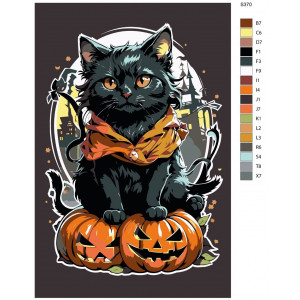 Картина по номерам "Хелловін. Милий чорний котик сидить на гарбузах"
