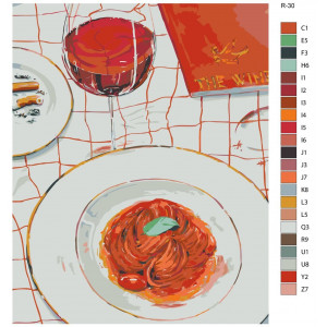Картина по номерам "Натюрморт-Спагетті аль помодоро і келих червоного вина"