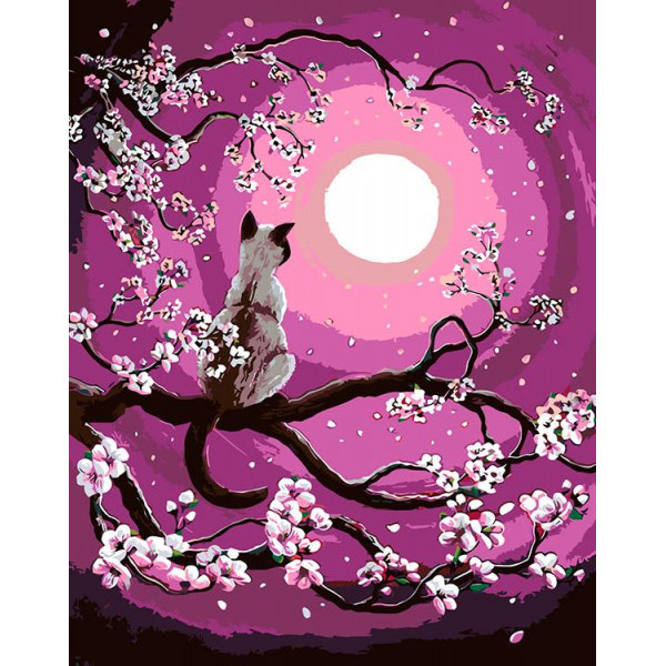 Картина по номерам "Котик на сакуре"