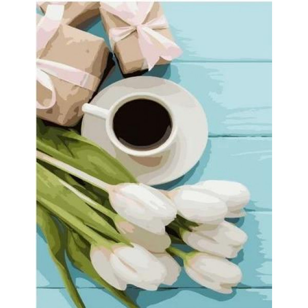 Картина по номерам "Букет из тюльпанов с чашкой кофе"