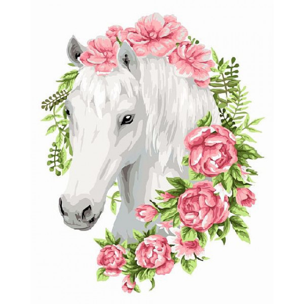 Картина по номерам "Белая лошадь в цветах"