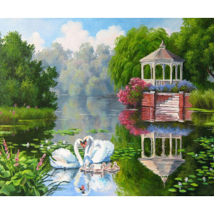 Картина по номерам "Беседка на озере с лебедями"