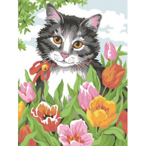 Картина по номерам "Кошечка в тюльпанах"