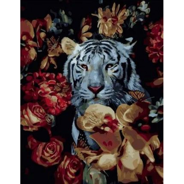 Картина по номерам "Белый тигр в цветах"