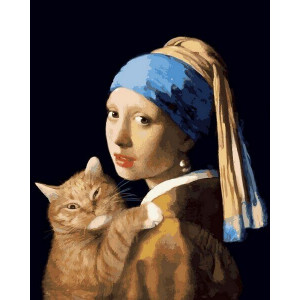 Картина по номерам "Девушка с жемчужной серёжкой с котом"