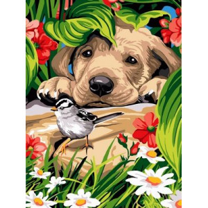 Картина по номерам "Птичка и любопытный щенок"