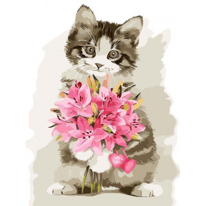 Картина по номерам "Котенок с розовым букетом"