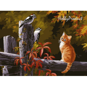 Картина по номерам "Котенок и птички на заборе"