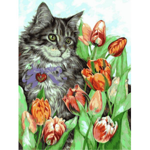 Картина по номерам "Котик в тюльпанах"