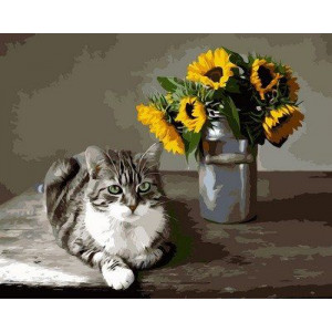 Картина по номерам "Котик та букет соняшників"