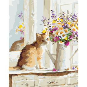 Картина по номерам "Кот и цветы"