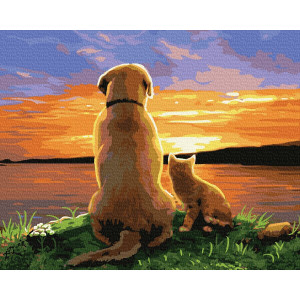 Картина по номерам "Пёс с котёнком на закате"
