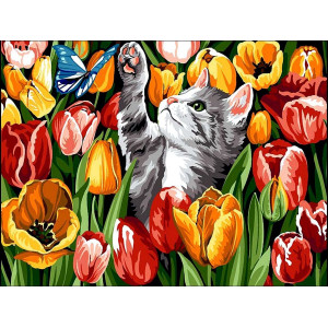 Картина по номерам "Котенок в тюльпанах"