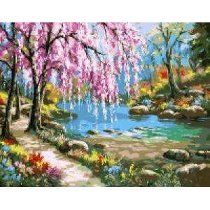 Картина по номерам "Цветущее дерево у реки"