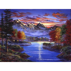 Картина по номерам "Домик на берегу горной речки"