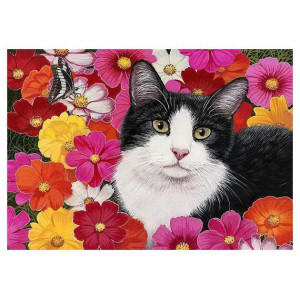 Картина по номерам "Чорно-білий кіт з метеликом у квітах"