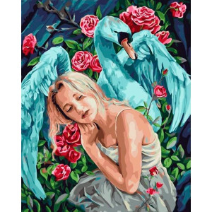 Картина по номерам "Девушка. Лебедь. Розы"