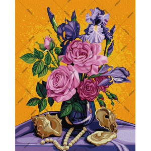 Картина по номерам "Букет роз с ирисами и жемчугом"