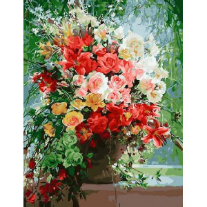 Картина по номерам "Цветочная ваза в саду"