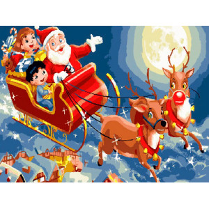 Картина по номерам "Дед Мороз в оленьей упряжке"