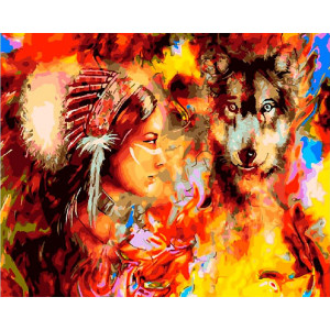 Картина по номерам "Дівчина і вовк у фарбах"