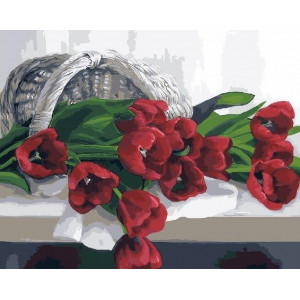 Картина по номерам "Красные тюльпаны в корзинке"