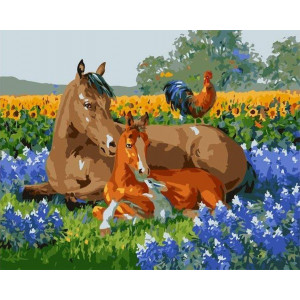 Картина по номерам "Лошади и петух"