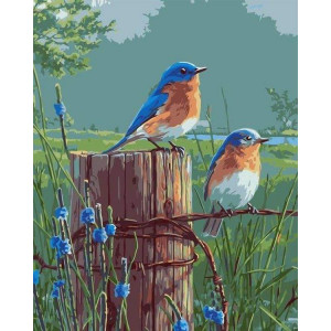 Картина по номерам "Сині пташки на паркані"